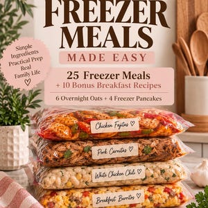 May include: A digital guide titled Bree's Mom Life Freezer Meals Made Easy, featuring 25 freezer meals and 10 bonus breakfast recipes. Four clear plastic bags containing Chicken Fajitas, Pork Carnitas, White Chicken Chili, and Breakfast Burritos.