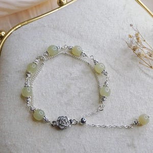 Natural Jade Silver Chain Bracelets, Jade Flower Bracelet, Jade Crystal Bracelet, Crystal Yoga Jewelry, Jade Beads Bracelet, Gift for Her