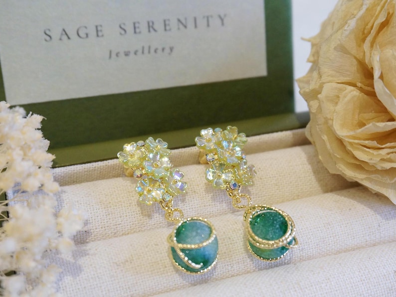 Sterling Silver Shell Flower Earrings: Cat Eye Gemstone Dangles image 1