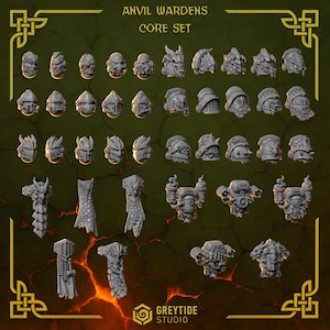 May include: A collection of miniature figurines, including helmets, armor pieces, and mechanical components. The text "ANVIL WARDENS CORE SET" is displayed at the top. The GreyTide Studio logo is at the bottom. The figurines are gray and set against a dark green background.