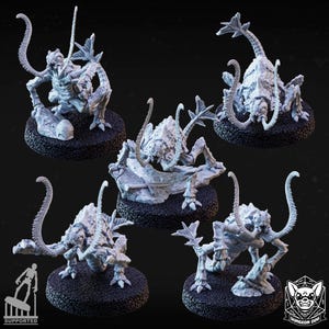 May include: Five unpainted light gray miniature figures of multi-legged insectoid creatures with long antennae and spiked tails. Each creature is mounted on a circular black textured base. The text SUPPORTED and DUNGON DOG are visible.