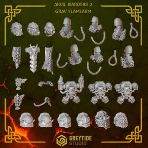 May include: An assortment of unpainted miniature figurines and components, including helmets, armor pieces, and mechanical elements. The image features the text "ANVIL WARDENS 2 GRAV FLAMEARM" and the "GREYTIDE STUDIO" logo.