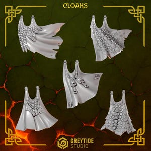 May include: Five silver cloaks with intricate designs are displayed against a dark green and brown background. The cloaks feature various textures, including scales and ornate patterns. The word "CLOAKS" is at the top of the image, and the "GREYTIDE STUDIO" logo is at the bottom.
