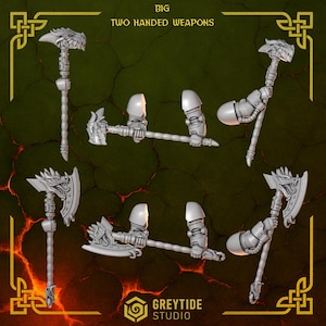 May include: A collection of gray, two-handed weapons, including axes and hammers, with dragon-themed designs. The image includes the text "BIG TWO HANDED WEAPONS" and the logo for GreyTide Studio.
