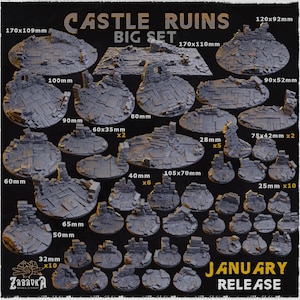May include: A large set of grey miniature gaming bases titled CASTLE RUINS BIG SET. The collection includes various circular and rectangular stone-textured bases with rubble and wall fragments, featuring printed dimensions ranging from 25mm to 170x110mm.