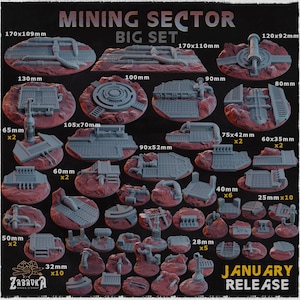 May include: A Mining Sector Big Set of gray miniature terrain bases with rocky red textures, featuring industrial pipes, metal grates, and platforms. The set includes various sizes from 25mm to 170x109mm, labeled with dimensions for tabletop gaming.