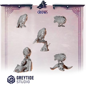 May include: A collection of gray, detailed owl figurines in various poses. One owl is perched on a tree branch, while another sits atop a skull. The word "CROWS" is displayed above the figurines, and the "GREYTIDE STUDIO" logo is at the bottom.