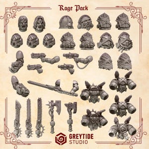 May include: A collection of grey miniature war game components, including heads, helmets, weapons, and armor. The components are arranged on a neutral background. The text "Rage Pack" is at the top, and the "Greytide Studio" logo is at the bottom.