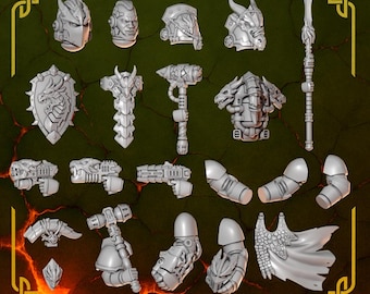 Könnte beinhalten: Eine Sammlung grauer Miniaturfiguren, darunter Helme, Waffen und Rüstungsteile. Das Set enthält einen Schild mit Drachendesign, einen Speer und verschiedene Handfeuerwaffen. Der Text "ANVIL WARDENS HERO PACK" ist sichtbar.