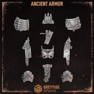 May include: A collection of grey miniature resin armour components labelled ANCIENT ARMOR, featuring intricate skull motifs, chains, skeletal figures, and gothic architectural details designed for tabletop gaming figures and custom model assembly.