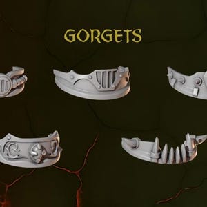 May include: Five gray gorgets, each with a unique design, are displayed against a dark background. The word "GORGETS" is written in gold at the top. The gorgets feature various shapes and details, including rivets, bars, and decorative elements.