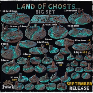 May include: A collection of miniature terrain bases for tabletop gaming, featuring a "Land of Ghosts" theme. The set includes various sizes, from 1 inch to 6.7 inches, with detailed, textured surfaces and glowing blue accents. The text "September Release" is visible.