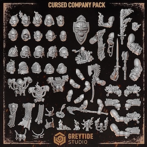 May include: A Cursed Company Pack set of grey miniature gaming components including various helmeted heads, shoulder pads, weapons, arms, and torso accessories featuring skull and flame motifs. The text CURSED COMPANY PACK and GREYTIDE STUDIO is visible.