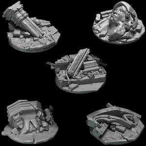 May include: A collection of gray miniature ruins, including a broken column, a sculpted face, and fragmented architectural elements. Each piece is set on a circular base, suggesting a diorama or tabletop game scenery. Roses are scattered among the ruins.