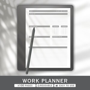 May include: A digital work planner with a stylus. The planner features sections for the date, to-do list, today's meetings, deadlines, and reminders. The text "WORK PLANNER" is at the bottom, along with "X100 PAGES", "REUSABLE", and "EASY TO USE".