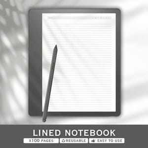 Könnte beinhalten: Ein digitales liniertes Notizbuch mit einem Stift. Das Notizbuch hat eine weiße linierte Seite mit einem Datumsbereich oben. Der Stift ist dunkelgrau. Das Notizbuch ist mit "LINED NOTEBOOK" beschriftet, mit dem Text "X100 PAGES REUSABLE EASY TO USE".