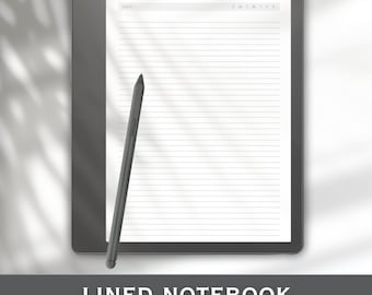 May include: A digital lined notebook with a stylus. The notebook has a white lined page with a date section at the top. The stylus is dark gray. The notebook is labeled "LINED NOTEBOOK" with the text "X100 PAGES REUSABLE EASY TO USE".