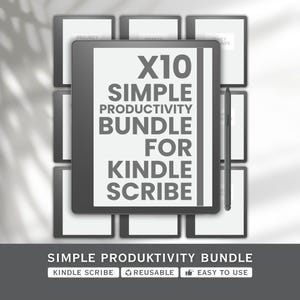 May include: A digital tablet with the text "X10 SIMPLE PRODUCTIVITY BUNDLE FOR KINDLE SCRIBE" in white. The tablet is surrounded by smaller tablets. A stylus is placed on the right side. The bottom of the image reads "SIMPLE PRODUKTIVITY BUNDLE".