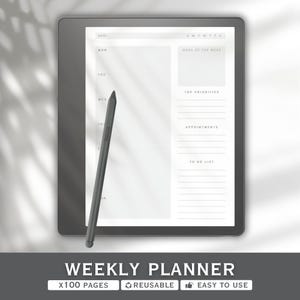 May include: A digital weekly planner with a stylus. The planner displays sections for the date, goals, priorities, appointments, and a to-do list. The text "WEEKLY PLANNER" is at the bottom, along with "X100 PAGES", "REUSABLE", and "EASY TO USE".