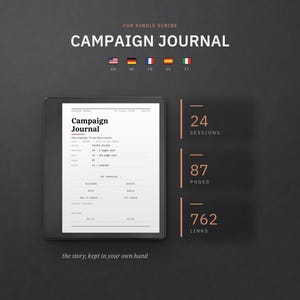 May include: A digital campaign journal for Kindle Scribe displayed on a screen, featuring a white page with black text, including the title Campaign Journal, 24 sessions, 87 pages, and 762 links, set against a dark gray background with text.