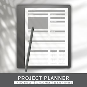 May include: A digital project planner with a stylus. The planner's screen displays a detailed layout for project management, including sections for objectives, deadlines, and milestones. The text at the bottom reads "PROJECT PLANNER", "X100 PAGES", "REUSABLE", and "EASY TO USE".