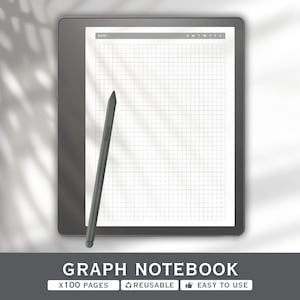 May include: A digital graph notebook with a stylus. The notebook has a white grid paper display with a dark gray border. The stylus is dark gray. The notebook has the text "GRAPH NOTEBOOK" and "X100 PAGES REUSABLE EASY TO USE".