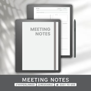 May include: Two digital tablets with meeting notes displayed. The front tablet shows "MEETING NOTES" in gray text. A stylus is positioned next to the second tablet. The bottom of the image has the text "MEETING NOTES" with the words "HYPERLINKED", "REUSABLE", and "EASY TO USE".