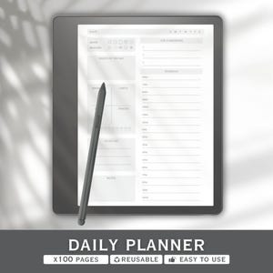May include: A digital daily planner with a stylus. The planner's screen displays a detailed layout for scheduling, mood tracking, and note-taking. The text "DAILY PLANNER" is at the bottom, along with "X100 PAGES", "REUSABLE", and "EASY TO USE".