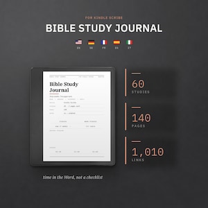 Könnte beinhalten: Ein digitales Bibelstudien-Journal für Kindle Scribe auf einem Tablet-Bildschirm. Die Benutzeroberfläche zeigt Text, darunter Bible Study Journal, 60 studies, 140 pages und 1.010 links. Das Layout weist einen dunklen Hintergrund mit weißem Text auf.