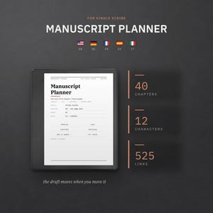 Romanplanerare för Kindle Scribe — Manuskriptmall, 40 kapitelkort, karaktärsblad, hyperlänkad PDF, 5 språk