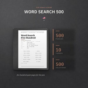Könnte beinhalten: Ein digitales Wortsuchrätsel-Buch für Kindle Scribe mit dem Titel Word Search 500. Der Bildschirm zeigt den Titel, 500 Rätsel, 10 Themen und 500 Lösungen. Der Text enthält Kategorien wie Food & Cooking, Travel & Places und Nature & Seasons.
