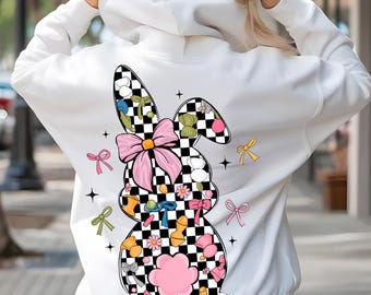 Retro Easter Bunny Coquette PNG: Pink Bow Checkerboard (Digital Download)