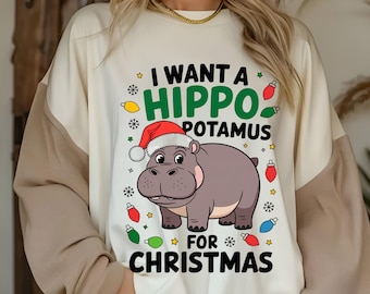 Funny Christmas Hippo PNG, Holiday Design (Digital Download)