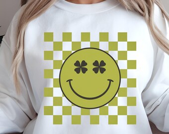 St. Patrick's Day Clover Smiley PNG: Retro Plaid Design (Digital Download)