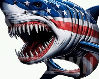 Vaterländischer Flaggen-Haifisch-Digital-Kunst | 4. Juli Hai Poster | USA Flagge Hai Dekor | Sofort Download