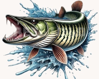 Muskie Fish Splash Digital PNG Art Download