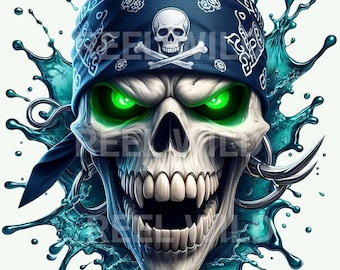 May include: A white skull with green eyes and a blue bandana with a skull and crossbones design. The skull is surrounded by a blue and green water splash.