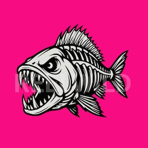 May include: A black and white illustration of a fish skeleton with sharp teeth and a menacing expression. The image is set against a vibrant pink background, creating a striking contrast. The fish is detailed, showcasing its skeletal structure.