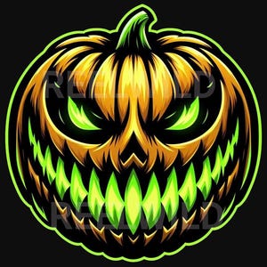 May include: A digitally illustrated pumpkin with a menacing face, perfect for Halloween. The pumpkin is orange and yellow with glowing green eyes and teeth. A green outline frames the pumpkin against a black background.