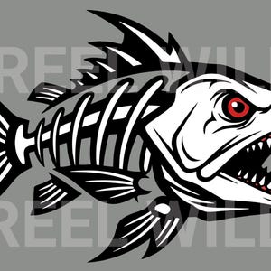 May include: A black and white illustration of a fish skeleton with a menacing expression. The fish has sharp teeth, red eyes, and is set against a gray background. The text "REEL WILD" is faintly visible.