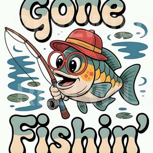 Paquete de dibujos animados retro de peces pescadores / Imágenes prediseñadas de "Gone Fishin'" / Imágenes prediseñadas de "Good Times" para sublimación y camisetas