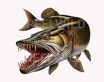 Muskie Fish Illustration: Predator Art for Fishing Decor (PNG Digital Download)