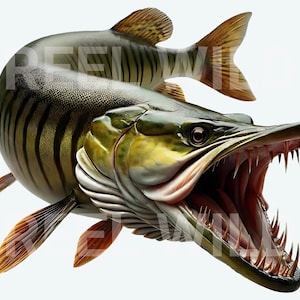 May include: A detailed illustration of a muskellunge fish with an open mouth, showcasing sharp teeth. The fish has a green and brown striped pattern, with orange fins and tail. The image is set against a white background.