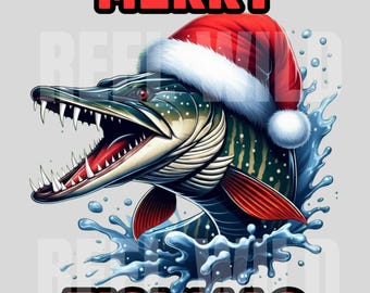 Puede incluir: Ilustración digital de un pez con un gorro de Papá Noel, con las palabras "MERRY FISHMAS" en rojo. El pez es verde y azul con dientes afilados y emerge de salpicaduras de agua.