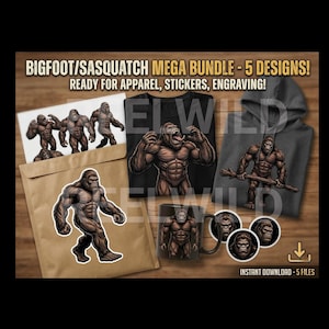 May include: An image showcasing a Bigfoot/Sasquatch mega bundle with five designs. The bundle includes apparel, stickers, and engraving options. Featured items include a black t-shirt, a gray hoodie, a mug, and stickers, all with Bigfoot illustrations.