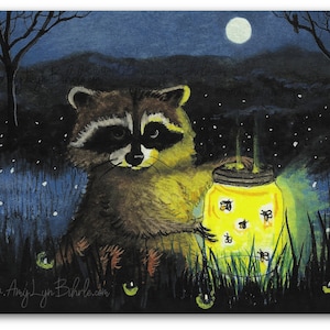 Raccoon Fireflies Wildlife Moonlight- Firefly Collection- Small 5x7 Art Print by Bihrle cc9