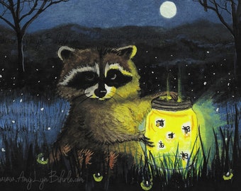 Raccoon Fireflies Wildlife Moonlight- Firefly Collection- Small 5x7 Art Print by Bihrle cc9