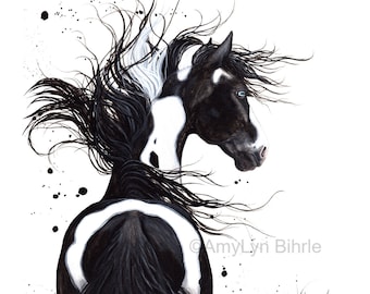 May include: A black and white paint illustration of a horse with a long flowing mane and tail. The horse is facing to the right and has a white blaze on its face. The background is white with black paint splatters.