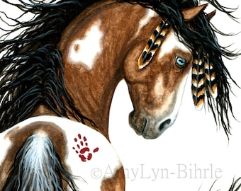 May include: A painting of a brown and white horse with a black mane and tail. The horse has blue eyes and is wearing feathers in its mane. The horse has a red handprint on its side. The painting is signed "AnyLyn-Bihrie".