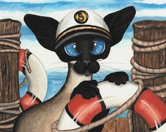 Siamese Cat Sailor Captain Hat - Art Print by Bihrle ck403